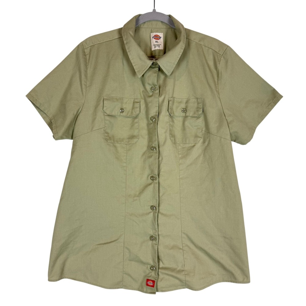 Dickies Shirt Womens XL Green Solid Short Sleeve Button Front Workwear Twill